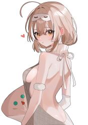 1girl ahoge alternate_costume blush breasts brown_eyes brown_hair earrings friend_(nanashi_mumei) hana20000920 heart highres hololive jewelry large_breasts looking_at_viewer meme_attire multicolored_hair nanashi_mumei pout ribbed_sweater sideboob sleep_mask solo sweater two-tone_hair virgin_killer_sweater virtual_youtuber white_background white_sweater