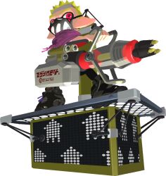Rule 34 | arrow (symbol), black footwear, black leggings, black mask, blonde hair, firefin facemask (splatoon), from above, grate, gun, heavy edit splatling (splatoon), highres, holding, holding gun, holding weapon, inkling boy, inkling player character, inoue seita, leggings, logo print, machine gun, male focus, mask, mouth mask, nintendo, official art, pink scarf, pointy ears, red eyes, red pupils, scarf, second-party source, solo, spiked hair, splatoon (series), splatoon 3, squid boy, standing, tentacle hair, tower, tower control (splatoon), transparent background, two-tone mask, weapon