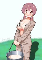 1girl :d alternate_costume animal_print artist_name bikini bikini_under_clothes blush breasts brown_hair bucket bucket_of_milk cleavage collarbone commentary cow_print cow_print_bikini front-tie_bikini_top front-tie_top grass hair_between_eyes happyundergate highres jumpsuit large_breasts long_hair long_sleeves low_twintails milk multicolored_hair murosaki_miyo onii-chan_wa_oshimai! open_jumpsuit open_mouth print_bikini red_eyes red_hair smile solo swimsuit teeth twintails twitter_username two-tone_hair upper_teeth_only