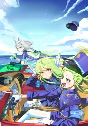 3girls absurdres armband bicycle blue_armband blue_eyes blue_hat blue_jacket blue_shirt blue_shorts blue_skirt blush bottle car closed_mouth cross_hair_ornament cycling_uniform driving fang from_side gloves green_hair hair_between_eyes hair_ornament hat highres hikari_(blue_archive) holding holding_bottle jacket jochal long_hair long_sleeves looking_ahead looking_at_another looking_at_viewer motor_vehicle multiple_girls nozomi_(blue_archive) ocean open_mouth pantyhose peaked_cap pointy_ears rabbit_pose riding riding_bicycle shiroko_(blue_archive) shiroko_(cycling)_(blue_archive) shirt short_sleeves shorts sidelocks sitting skin_fang skirt twintails whistle whistle_around_neck white_gloves white_pantyhose yellow_eyes