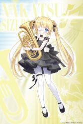 1girl black_dress blonde_hair blue_eyes character_name commentary_request dress euphonium eyepatch full_body highres holding holding_instrument hoshimame_mana instrument long_hair looking_at_viewer medical_eyepatch nakatsu_shizuru official_art pantyhose rewrite solo twintails white_pantyhose