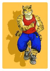 1boy animal_ears blue_shorts blush closed_mouth commentary_request furry furry_male hand_on_own_hip looking_at_viewer male_focus morenatsu one_eye_closed red_shirt red_tank_top shadow shirt shorts sleeeveless_shirt smile tail takichizento tank_top tiger_boy tiger_ears tiger_stripes tiger_tail torahiko_oshima yellow_background