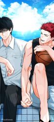 2boys arm_on_knee ball basketball_(object) basukemnmn black_eyes black_hair black_pants closed_eyes closed_mouth cloud cloudy_sky collarbone collared_shirt commentary_request cumulonimbus_cloud holding holding_ball holding_hands knee_up korean_commentary looking_at_another looking_to_the_side male_focus multiple_boys ocean outdoors pants red_hair rukawa_kaede sakuragi_hanamichi sandals shirt short_hair short_sideburns shorts side-by-side sideways_glance single_bare_shoulder sitting sky slam_dunk_(series) smile teeth water white_shirt white_shorts wing_collar yaoi