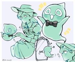 1girl :3 ;3 black_bow black_bowtie blank_eyes bow bowtie closed_mouth colored_skin commentary_request cropped_legs dress ghost ghost_girl ghostly_(the_amazing_digital_circus) gloves green_bow green_bowtie green_dress green_gloves green_hair green_hat green_skin grey_background hair_behind_ear hat highres holding_hands ichi_kura64 looking_at_another martha_mildenhall medium_hair mirror multiple_views musical_note no_mouth one_eye_closed open_mouth simple_background sitting sparkle striped_bow striped_bowtie striped_clothes the_amazing_digital_circus traditional_bowtie