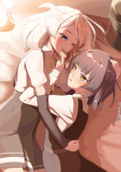 Rule 34 | 2girls, arare (kancolle), arare kai ni (kancolle), arm warmers, bed, black hair, blue eyes, brown eyes, collared shirt, cowboy shot, dress, dress shirt, highres, hug, kantai collection, lying, metadio, multiple girls, natsugumo (kancolle), on side, pinafore dress, shirt, short hair, skirt, sleeveless, sleeveless dress, suspender skirt, suspenders, upper body, white hair, white shirt