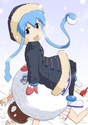 3girls aizawa_eiko dress gloves ikamusume jacket jeet mini-ikamusume mittens multiple_girls scarf segayuusuke shinryaku!_ikamusume shoes sitting skirt sneakers snow snowball snowman tentacles