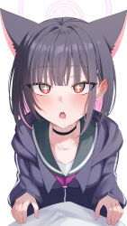 +_+ 1girl absurdres animal_ears black_choker black_hair black_hoodie blue_archive blunt_bangs blush cat_ears cat_girl choker collarbone colored_inner_animal_ears colored_inner_hair commentary drooling ear_blush extra_ears eyelashes eyes_visible_through_hair green_sailor_collar hair_behind_ear hair_ornament hairclip halo highres hood hood_down hoodie kazusa_(blue_archive) looking_at_viewer medium_hair mouth_drool multicolored_hair open_mouth pink_hair pink_halo red_eyes sailor_collar school_uniform serafuku simple_background sleeves_past_wrists solo straight-on straight_hair sweat symbol-only_commentary teeth tsurime two-tone_hair upper_body upper_teeth_only upturned_eyes wendao white_background