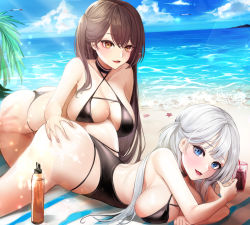 2girls absurdres ass azur_lane beach bikini bird black_bikini black_one-piece_swimsuit blue_eyes blunt_bangs breast_press breasts breasts_on_top_another&#039;s_ass brown_hair cleavage criss-cross_halter cup hair_between_eyes halterneck hand_on_another&#039;s_ass highres large_breasts lillly long_hair looking_at_viewer lying multiple_girls ocean on_stomach one-piece_swimsuit one_side_up palm_tree parted_lips race_queen sand seagull shoukaku_(azur_lane) shoukaku_(sororal_wings)_(azur_lane) sideboob silver_hair sky smile swimsuit tanning_oil thighs thong_bikini tree yellow_eyes yuri zuikaku_(azur_lane) zuikaku_(the_wind&#039;s_true_name)_(azur_lane)