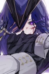 Rule 34 | 1girl, black shirt, blood, blood on face, clorinde (genshin impact), fish (xpzas), genshin impact, hat, highres, purple eyes, purple hair, shirt, short hair, solo, tricorne, upper body
