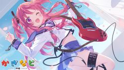 Rule 34 | 1girl, angel beats!, commentary request, cross-laced footwear, demon tail, dutch angle, electric guitar, end card, fake tail, fang, guitar, hair ribbon, instrument, kaginado, kani biimu, leg belt, long hair, looking at viewer, one eye closed, pink eyes, pink hair, ribbon, school uniform, serafuku, shinda sekai sensen uniform, skin fang, smile, solo, tail, two side up, yui (angel beats!)