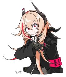Rule 34 | 1girl, :/, armband, artist name, bastetris, black horns, black jacket, blonde hair, broken horn, dot nose, girls&#039; frontline, hair between eyes, hair over shoulder, highres, horns, jacket, long hair, long sleeves, looking at viewer, m4 sopmod ii (girls&#039; frontline), mechanical arms, multicolored hair, red armband, red eyes, red hair, sanpaku, simple background, single mechanical arm, solo, streaked hair, upper body, white background, zipper pull tab