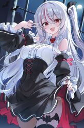 :d absurdres bat_(animal) bat_ornament black_ribbon black_skirt black_sleeves black_thighhighs character_request detached_sleeves fang fate_(series) flower full_moon highres indoors long_hair looking_at_viewer mellow_kaede moon open_mouth panties red_eyes red_flower red_ribbon red_rose ribbon rose shirt skirt skirt_hold smile thighhighs underwear v white_hair white_panties white_shirt