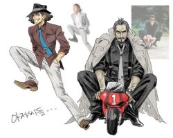 ace_attorney ace_attorney_investigations ace_attorney_investigations_2:_prosecutor&#039;s_gambit afro black_eyes black_hat black_pants black_shirt blue_necktie brown_hair brown_shirt brown_shoes coat coat_on_shoulders cowlick eddie_fender facial_hair fedora grey_coat grin hair_slicked_back hands_in_pockets hat korean_text leg_up lollipop_in_mouth male_focus necktie pants photo-referenced photo_inset reference_inset riding_tricycle shirt shoes sleeves_rolled_up smile torn_clothes tyrell_badd watch white_pants wristwatch