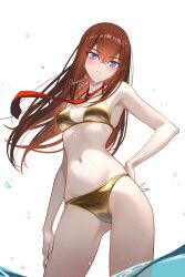 1girl bikini blue_eyes breasts brown_hair closed_mouth contrapposto crossed_bangs floating_hair gold_bikini hand_on_own_hip highres long_hair looking_at_viewer makise_kurisu navel necktie red_hair red_necktie shirase_rin simple_background small_breasts solo steins;gate stomach swimsuit very_long_hair wading water wet white_background