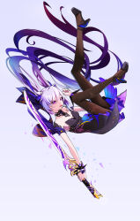 Rule 34 | 1girl, absurdres, bare shoulders, black shoes, breasts, cleavage, cone hair bun, double bun, dress, falling, floating, floating hair, genshin impact, gradient hair, hair between eyes, hair bun, hair intakes, high heels, highres, holding, holding sword, holding weapon, ji-rex, keqing (genshin impact), keqing (opulent splendor) (genshin impact), lollipop in mouth, multicolored hair, pantyhose, parted bangs, purple eyes, purple hair, shoes, simple background, sleeveless, sleeveless dress, solo, sword, weapon, wrist cuffs