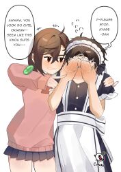 Rule 34 | 1boy, 1girl, absurdres, apron, ayase momo, black dress, black skirt, blush, bow, bowtie, breasts, brown hair, crossdressing, dandadan, dress, earrings, english text, glasses, hachi (chisano hako), hand over eye, highres, jewelry, long sleeves, maid, maid apron, maid headdress, male maid, medium breasts, medium hair, pink sweater, red bow, red bowtie, red eyes, school uniform, short hair, skirt, smile, speech bubble, sweater, takakura ken (dandadan), teeth, white background