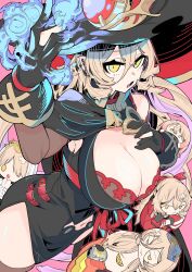 6+girls absurdres arm_up black_cape black_dress black_gloves black_hat blonde_hair book book_on_head breast_suppress breasts brown_sleeves can cape chibi cleavage cleavage_cutout clothing_cutout collared_dress colored_inner_hair colored_smoke commentary_request detached_sleeves dress drink_can drinking ear_piercing from_side gloves hair_between_eyes hat highres huge_breasts jitome long_bangs long_hair looking_at_viewer mini_person minigirl multicolored_hair multiple_girls multiple_persona navel navel_cutout nijisanji no_pupils nui_sociere nui_sociere_(1st_costume) nui_sociere_(5th_costume) nui_sociere_(6th_costume) object_on_head open_mouth partially_fingerless_gloves piercing pink_background pink_hair red_hat short_dress side_cape side_slit simple_background single_bare_shoulder sleeveless sleeveless_dress smoke tetsu_booya two-sided_fabric two-sided_headwear two-tone_hair very_long_hair virtual_youtuber wide_brim witch yellow_eyes