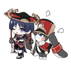 1boy anger_vein arm_at_side armor black_hair black_hat black_kimono black_sandals black_shorts black_sleeves blue_eyes blunt_ends chibi coat creature crossed_arms crossover eyeliner eyeshadow frilled_sleeves frills fur_collar furisode genshin_impact gold hand_on_own_arm hat highres honkai:_star_rail honkai_(series) in-franchise_crossover japanese_armor japanese_clothes jingasa juban kimono kote kurokote layered_sleeves looking_at_another makeup male_focus mitsudomoe_(shape) o-ring one_eye_closed open_clothes open_coat open_kimono open_mouth pom-pom_(honkai:_star_rail) puff_of_air purple_eyes purple_rope purple_sash purple_sleeves red_coat red_eyeliner red_eyeshadow red_hat red_kimono red_sash red_sleeves rope sandals sash scaramouche_(genshin_impact) shako_cap shimenawa short_eyebrows short_sleeves shorts standing stirrup_footwear toes tomoe_(symbol) touxin_0316 two-tone_hat white_background white_kimono white_rope wispy_bangs zouri
