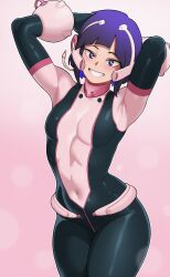 1girl arms_behind_back arms_up audio_jack black_bodysuit blunt_bangs blush bob_cut bodysuit boku_no_hero_academia breasts commentary commentary_request cosplay covered_navel cowboy_shot english_commentary evoltodraw gradient_background grin headgear highres jiro_kyoka long_earlobes looking_at_viewer medium_hair neck_armor paid_reward_available pink_background pink_bodysuit purple_eyes purple_hair small_breasts smile solo standing superhero_costume two-tone_bodysuit uraraka_ochaco uraraka_ochaco_(cosplay) wrist_cuffs