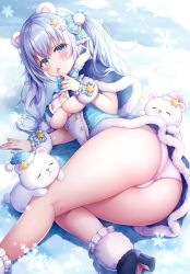 1girl animal animal_ears ass bear bear_ears black_capelet black_footwear black_skirt blue_bow blue_eyes blue_headwear blue_shirt blush bow breasts capelet cleavage commentary_request fang finger_to_mouth fur-trimmed_capelet fur-trimmed_headwear fur-trimmed_skirt fur_trim hair_between_eyes hair_bow hair_ornament hand_up high_heels large_breasts long_hair looking_at_viewer lying mitsuba_choco on_side open_mouth original panties pink_headwear pink_panties polar_bear polka_dot polka_dot_headwear shirt silver_hair skirt snow snowflakes solo star_(symbol) star_hair_ornament striped_bow twintails underboob underwear water