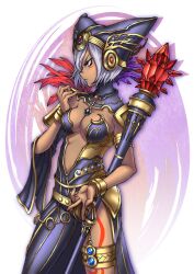 1girl breasts cia_(hyrule_warriors) cleavage closed_mouth dark-skinned_female dark_skin highres holding holding_staff hyrule_warriors jewelry kona_(19911212) nintendo purple_eyes short_hair solo staff tattoo the_legend_of_zelda white_hair