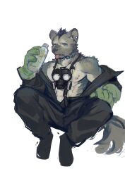 1boy abs arknights bara bare_pectorals biceps black_hair bottle commentary ear_piercing eyebrow_piercing fang furry furry_male gas_mask gloves grey_fur highres holding holding_bottle hyena_boy hyena_ears hyena_tail infection_monitor_(arknights) looking_at_viewer male_focus mask muscular muscular_male nipples open_mouth overalls pectorals piercing spot_(arknights) symbol-only_commentary tongue tongue_out water_bottle white_background xianyud