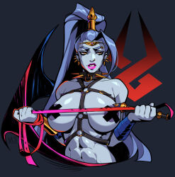 1girl abs absurdres adapted_costume areola_slip bandaged_wrist bandages black_eyeliner blue_hair breasts chest_harness circle collar colored_nipples colored_skin commentary cross cross_pasties demon_wings dominatrix english_commentary eyebrow_piercing eyeliner face_piercing grey_nipples grey_skin hades_(series) hades_1 hair_tubes harness high_ponytail highres holding holding_whip large_areolae large_breasts lipstick long_hair makeup megaera_(hades) moi_yablochki nose_piercing o-ring pasties piercing pink_lips ponytail single_vambrace single_wing sneer solo spiked_collar spiked_ear_piercing spikes thick_eyebrows toned toned_female vambraces very_long_hair wings yellow_eyes