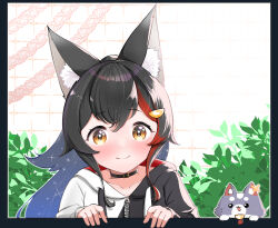 1girl animal_ear_fluff animal_ears black_hair blush brown_eyes hair_ornament highres hololive kani_bonara long_hair looking_at_viewer miofa_(ookami_mio) multicolored_hair ookami_mio ookami_mio_(casual) red_hair smile solo streaked_hair upper_body virtual_youtuber wolf_ears wolf_girl