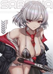1girl absurdres between_breasts bikini black_jacket blue_archive breasts caiman_pool cleavage cosplay eimi_(blue_archive) eimi_(blue_archive)_(cosplay) english_text girls&#039;_frontline girls&#039;_frontline_2:_exilium grey_hair gun hair_ribbon headphones headphones_around_neck highres holding holding_gun holding_weapon jacket medium_hair necktie necktie_between_breasts pump_action red_eyes red_necktie ribbon sabrina_(girls&#039;_frontline_2) shotgun solo spas-12 spas-12_(girls&#039;_frontline) swimsuit weapon zipper zipper_bikini