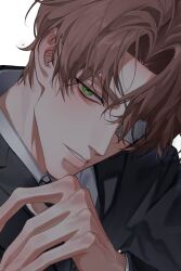 1boy baek_saheon black_jacket brown_hair collared_shirt commentary english_commentary eyelashes eyepatch eyeshadow green_eyes gwechul half-closed_eyes hand_up highres jacket long_sleeves looking_at_viewer makeup male_focus parted_lips portrait shirt short_hair simple_background solo white_background white_shirt yum_606