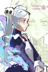 1girl apron back_bow bloody_marie_(skullgirls) bow brooch dress energy fire frilled_apron frills from_side grey_hair hair_ornament jewelry long_hair maid_headdress red_eyes skull_hair_ornament skullgirls solo twintails upper_body wermer