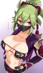 1girl bikini black_gloves breasts cleavage collarbone eyepatch_bikini from_above gachou genshin_impact gloves gradient_background green_hair highres kuki_shinobu large_breasts long_hair long_sleeves looking_at_viewer mask mouth_mask navel open_clothes purple_background purple_eyes simple_background solo swimsuit