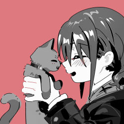 Rule 34 | 1girl, absurdres, animal, blush, cat, commentary, girls band cry, greyscale with colored background, hashtag-only commentary, highres, holding, holding animal, holding cat, iseri nina, long sleeves, open mouth, pink background, short hair, simple background, solo, ydpfa