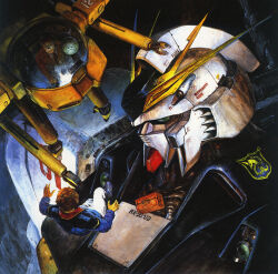1980s_(style) 2boys amuro_ray box char&#039;s_counterattack cockpit gundam hangar haro hathaway_noa highres killmark light machinery mecha military mobile_suit multiple_boys necktie nu_gundam oldschool painting_(medium) pincers realistic retro_artstyle robot scan science_fiction takani_yoshiyuki toolbox traditional_media unicorn uniform