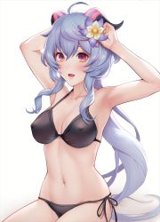 Rule 34 | 1girl, ahoge, armpits, arms up, bikini, black bikini, blue flower, blue hair, blush, breasts, covered erect nipples, edogawa roman, flower, ganyu (genshin impact), genshin impact, glaze lily, hair flower, hair ornament, horns, large breasts, long hair, looking at viewer, navel, open mouth, purple eyes, solo, swimsuit, white background