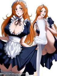 1girl apron artist_name bleach breasts brown_eyes female_focus hair_ornament hairclip highres inoue_orihime large_breasts looking_at_viewer maid maid_apron maid_headdress opalis open_mouth orange_hair paid_reward_available patreon_username simple_background thighhighs thighs white_background white_thighhighs