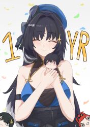 1girl absurdres arm_strap baizhi_(wuthering_waves) bare_shoulders beret black_collar black_hair blue_hat breasts character_doll chixia_(wuthering_waves) closed_eyes collar commentary confetti english_commentary facing_viewer feather_hair hair_intakes hat highres holding large_breasts light_blush long_hair male_rover_(wuthering_waves) mole mole_under_eye objectification revision rover_(wuthering_waves) smile solo sparkle tacet_mark_(wuthering_waves) upper_body wuthering_waves yangyang_(wuthering_waves) yonyanyon