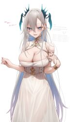 1girl absurdres asymmetrical_bangs bare_shoulders bilingual_text blue_eyes breasts cleavage cleavage_cutout clothes_tug clothing_cutout colored_inner_hair commentary cowboy dress english_text eyes_visible_through_hair fingernails gold_vambraces grey_hair hair_between_eyes hands_up head_wings heart heart_in_eye highres horizontal_pupils indie_virtual_youtuber large_breasts long_bangs long_hair looking_at_viewer mixed-language_text mole mole_under_mouth multicolored_hair open_mouth pink_nails pochimaru_(vtuber) pochimaru_(vtuber)_(4th_costume) purple_hair shoulder_cutout simple_background smile solo somebody_(leiking00) standing straight-on symbol_in_eye teardrop_facial_mark translation_request two-tone_hair very_long_hair virtual_youtuber western white_background white_dress wings