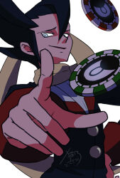 1boy black_hair black_jacket buttons commentary_request floating_scarf grey_eyes grimsley_(pokemon) hair_between_eyes highres jacket long_sleeves looking_down male_focus nintendo pointing pointy_hair pokemon pokemon_bw poker_chip sasami_642 scarf shirt signature smile solo white_background white_shirt yellow_scarf