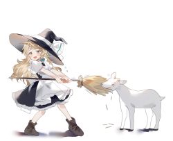 1girl apron blonde_hair blush boots braid broom commentary_request flying_sweatdrops frilled_apron frills furrowed_brow goat hair_ribbon hat hat_ribbon holding holding_broom kirisame_marisa long_hair looking_at_viewer open_mouth ribbon short_sleeves simple_background single_braid solo sorani_(kaeru0768) standing touhou tress_ribbon white_apron white_background witch_hat yellow_eyes