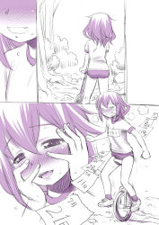 1girl =_= alternate_costume blush buruma calendar_(object) crotch_rub ebifly fang female_focus female_masturbation forest gym_uniform hair_between_eyes hair_ornament hairclip hands_on_own_face ikazuchi_(kancolle) kantai_collection masturbation monochrome name_tag nature outdoors purple_theme riding shoes short_hair short_sleeves socks solo standing sweat unicycle yandere_trance