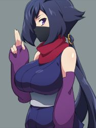 Rule 34 | 10s, 1girl, ayame (gundam build divers), blue hair, breasts, cowboy shot, elbow gloves, female focus, gloves, grey background, gundam, gundam build divers, hairu, japanese clothes, kuji-in, large breasts, long hair, looking at viewer, looking to the side, mask, mouth mask, ninja, ninja mask, profile, purple eyes, purple gloves, red scarf, scarf, shiny clothes, simple background, sketch, solo, twintails, very long hair