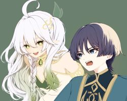 Rule 34 | 1boy, 1girl, aged up, ahoge, alternate costume, alternate hairstyle, blue eyes, blue pupils, blunt ends, breasts, bright pupils, choppy bangs, cleavage, coat, colored tips, cosplay, cross-shaped pupils, dress, eyelashes, eyeliner, eyeshadow, gem, genshin impact, gold collar, gold trim, gradient hair, green background, green coat, green eyes, green gemstone, green hair, hair between eyes, hair ornament, head down, highres, janya 1128, janya 1129, leaf, leaf hair ornament, leaning forward, long hair, looking at another, makeup, medium breasts, multicolored hair, nahida (genshin impact), one side up, open mouth, pointy ears, purple eyes, red eyeliner, red eyeshadow, rukkhadevata (genshin impact), rukkhadevata (genshin impact) (cosplay), scaramouche (genshin impact), strapless, strapless dress, symbol-shaped pupils, teeth, tongue, unfinished, upper teeth only, white dress, white hair, white pupils