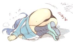 Rule 34 | 1girl, bad id, bad pixiv id, black legwear, blue hair, buruma, female focus, fetal position, full body, idolmaster, idolmaster (classic), jacket, kisaragi chihaya, knees to chest, komi zumiko, long hair, pushing, shoes, simple background, solo, track jacket, under shirt, white background
