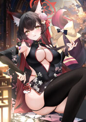 1girl absurdres animal_ear_fluff animal_ears black_bridal_gauntlets black_dress black_hair black_thighhighs blue_archive blurry blush bow breasts bridal_gauntlets china_dress chinese_clothes cleavage cleavage_cutout clothing_cutout commentary_request covered_navel depth_of_field dress flower fox_ears fox_girl fox_tail hair_between_eyes hair_flower hair_ornament halo highres large_breasts long_hair looking_at_viewer pink_flower red_halo sleeveless sleeveless_dress smile solo tail tail_bow tail_ornament thighhighs thighs wakamo_(blue_archive) yellow_bow yellow_eyes yukineko1018