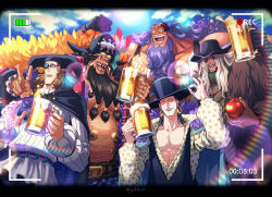 5boys apple beard beer_mug black_hair blue_sky boots cape doc_q facial_hair fat fat_man food fruit gun handgun hat jesus_burgess marshall_d._teach mask monocle moon mug multiple_boys muscular one_eye_closed one_piece open_clothes open_shirt pectorals pirate pirate_hat pistol recording riding shirt sky smile v van_augur viewfinder weapon wink youkan_(tako)