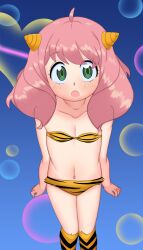 1girl :o animal_print anya_(spy_x_family) arms_at_sides bikini black_bikini black_socks blue_background blush collarbone cosplay dot_nose eyebrows eyelashes feet_out_of_frame female_focus flat_chest from_above green_eyes highres horns hoshime loli looking_at_viewer looking_up lum lum_(cosplay) medium_hair multicolored_bikini navel open_mouth pink_hair pov simple_background socks solo spy_x_family standing surprised swimsuit tiger_print tiger_print_bikini two-tone_bikini two-tone_socks urusei_yatsura yellow_bikini yellow_socks