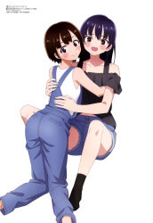 2girls absurdres aquastar_inc. ass bare_shoulders black_hair black_shirt black_socks blue_overalls boku_no_kokoro_no_yabai_yatsu brown_eyes brown_hair closed_mouth denim denim_shorts from_behind highres hug kobayashi_chihiro_(bokuyaba) long_hair looking_at_viewer looking_back magazine_scan megami_magazine mole mole_on_neck multiple_girls official_art open_mouth overalls scan shirt short_hair shorts simple_background socks teeth upper_teeth_only white_background white_shirt yamada_anna