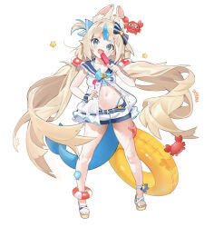 1girl 666666ttr absurdres animal_ears artist_name bikini blonde_hair blue_bikini blue_bow blue_eyes blue_hair blue_tail blush bow cat_ears commentary crab dot_nose dress eating fins fish_tail food frilled_dress frills hand_on_own_hip highres holding holding_food holding_popsicle indie_virtual_youtuber long_hair looking_at_viewer low_twintails microdress multicolored_hair navel open_mouth popsicle sameko_saba seashell shell simple_background sleeveless sleeveless_dress solo star_(symbol) starfish stomach streaked_hair swimsuit tail twintails very_long_hair virtual_youtuber white_background white_dress