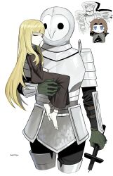 1girl 2boys absurdres alice_(black_souls) armor asdf1211950 black_pantyhose black_shirt black_souls black_souls_2 blue_eyes boots brown_dress brown_hair character_request closed_mouth cosplay cowboy_shot doll_alice_(black_souls) dress gloves green_gloves highres long_sleeves lorde_(black_souls) multiple_boys pantyhose parted_bangs shirt simple_background the_girl_(fear_&amp;_hunger) the_girl_(fear_&amp;_hunger)_(cosplay) thigh_boots white_armor white_background